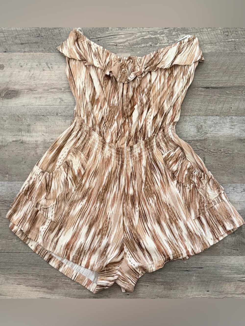 Neutral Brown White Printed Off-Shoulder Romper
